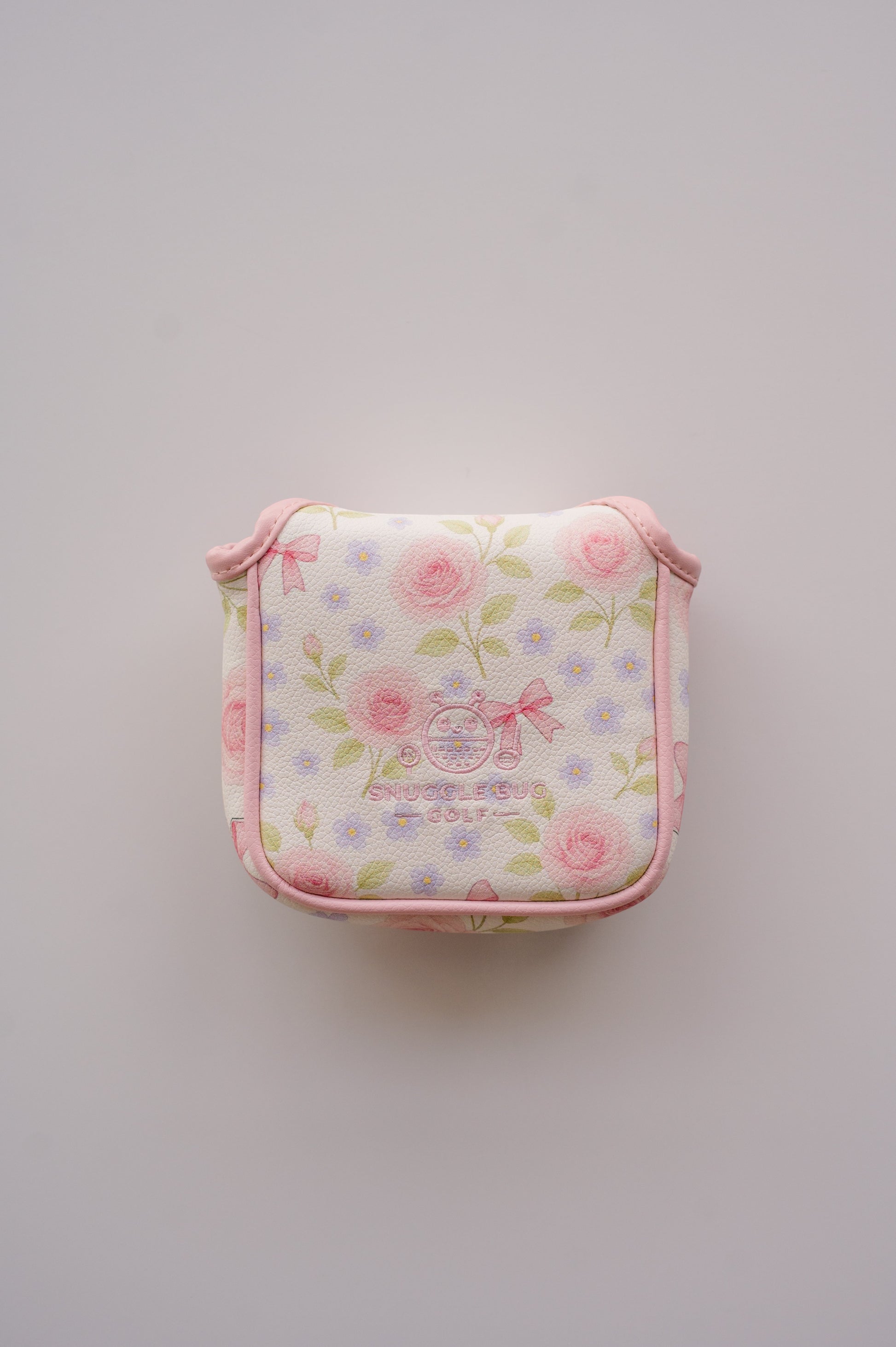 Snuggle Bug Golf Whisper Rose mallet putter headcover in textured eco-leather with pink floral print and magnetic seal.