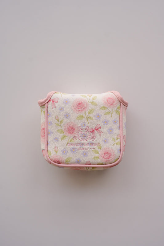 Snuggle Bug Golf Whisper Rose mallet putter headcover in textured eco-leather with pink floral print and magnetic seal.