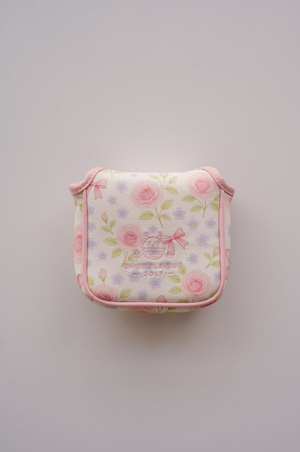 Snuggle Bug Golf Whisper Rose mallet putter headcover in textured eco-leather with pink floral print and magnetic seal.