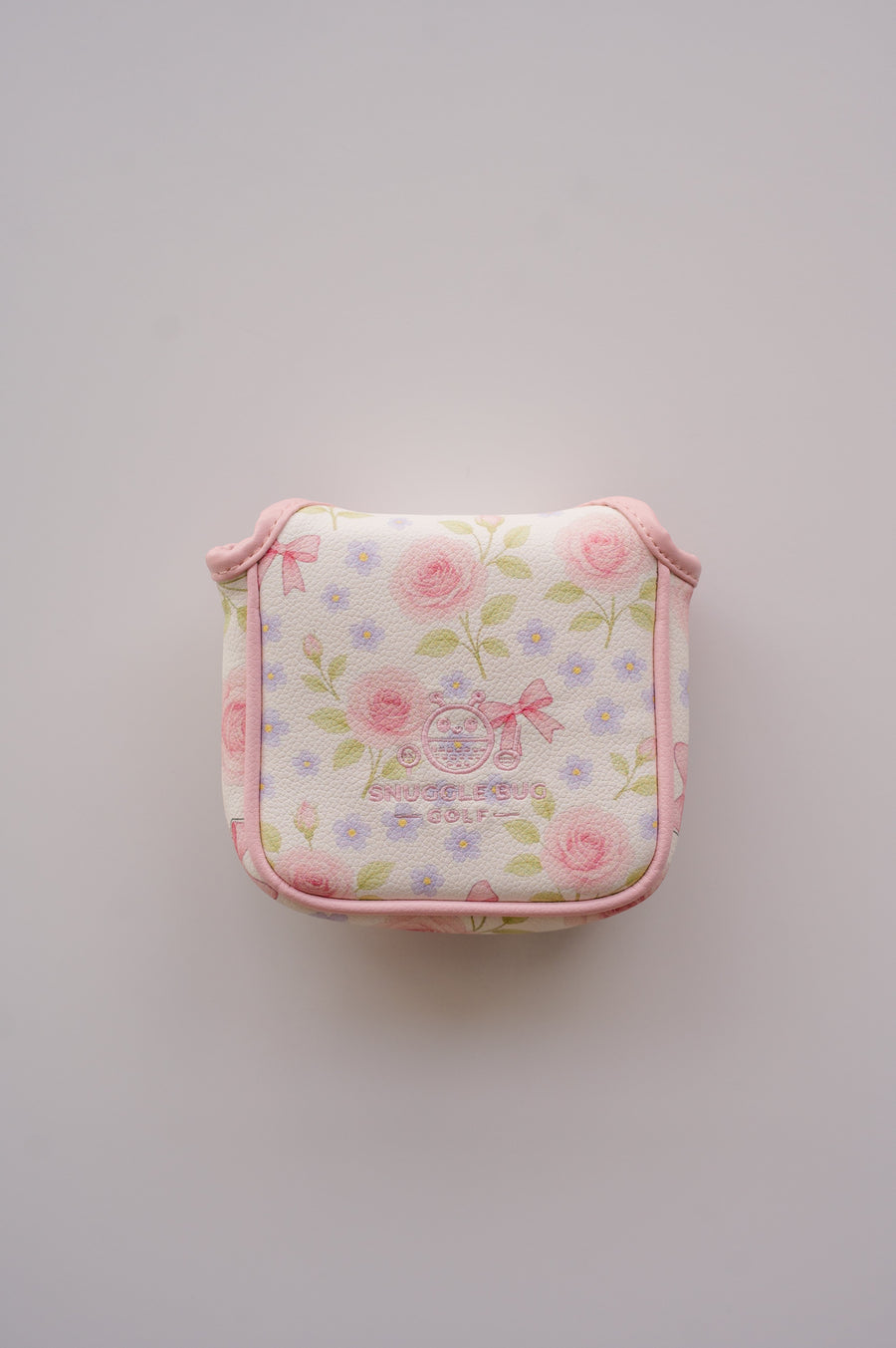 Snuggle Bug Golf Whisper Rose mallet putter headcover in textured eco-leather with pink floral print and magnetic seal.