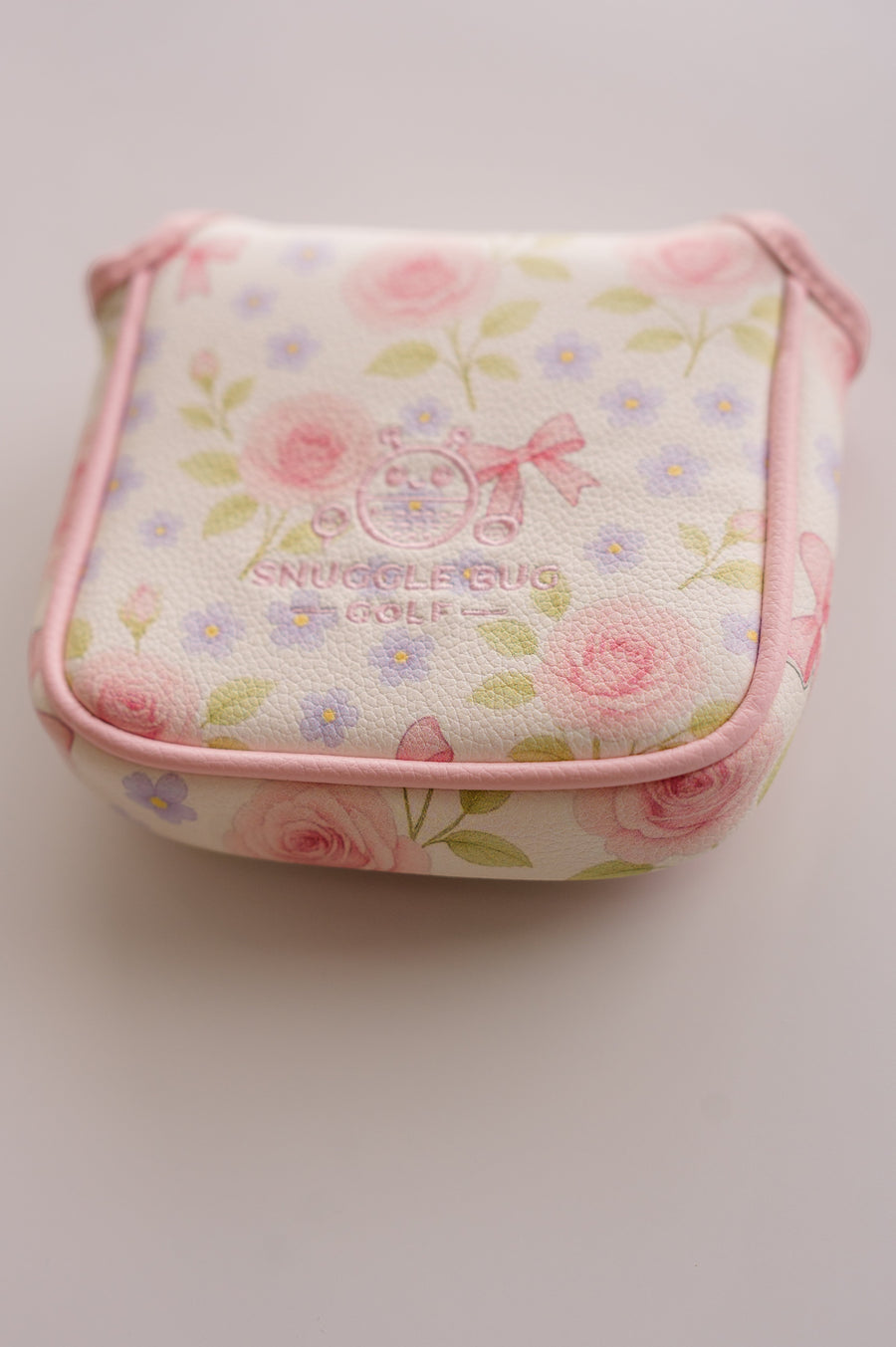 Snuggle Bug Golf mallet putter headcover in Whisper Rose floral print with textured eco-leather and magnetic closure.