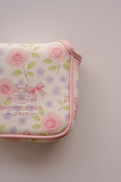 Snuggle Bug Golf Whisper Rose mallet putter headcover in textured eco-leather with pink floral print and logo.