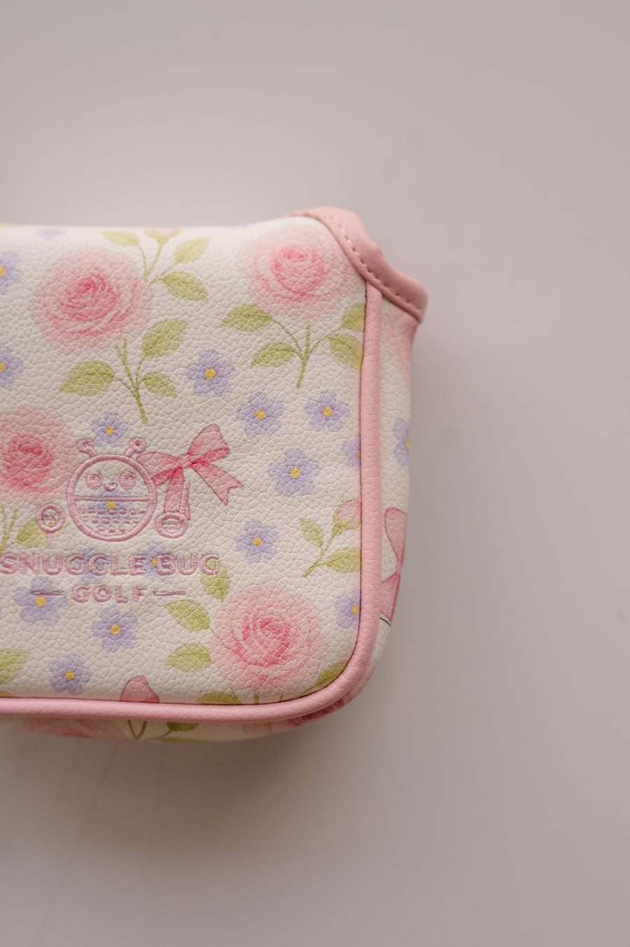 Snuggle Bug Golf Whisper Rose mallet putter headcover in textured eco-leather with pink floral print and logo.