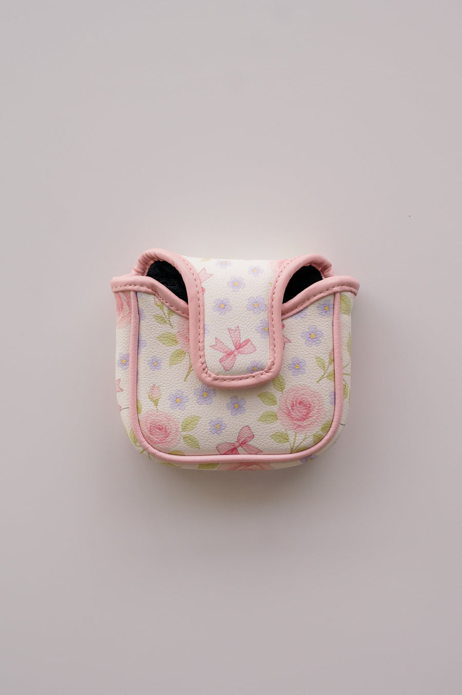 Snuggle Bug Golf mallet putter headcover in Whisper Rose floral print with pink trim and magnetic closure.